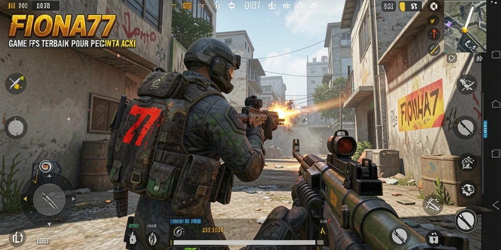 Tampilan gameplay intens dari FIONA77 dengan aksi tembak-menembak yang seru.