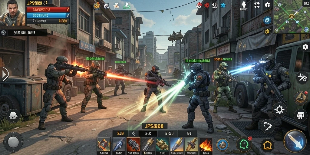 Screenshot utama JPS888 menunjukkan aksi pertempuran strategi yang intens.