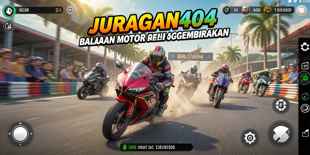 Tampilan gameplay menegangkan dari JURAGAN404 dengan aksi balapan motor.