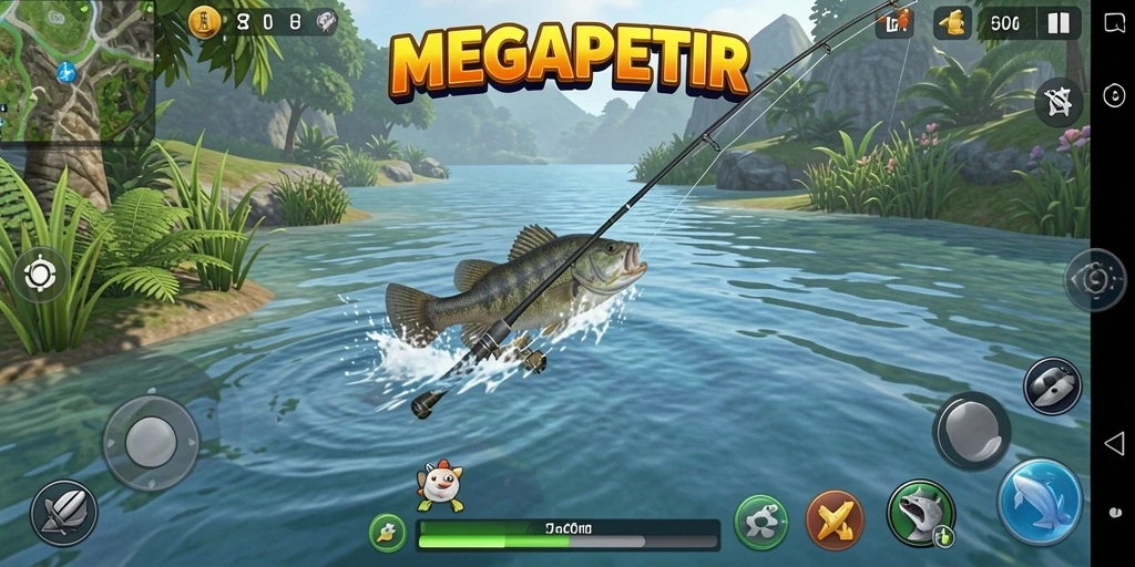 Tampilan gameplay MEGAPETIR yang menarik dengan aksi memancing seru.