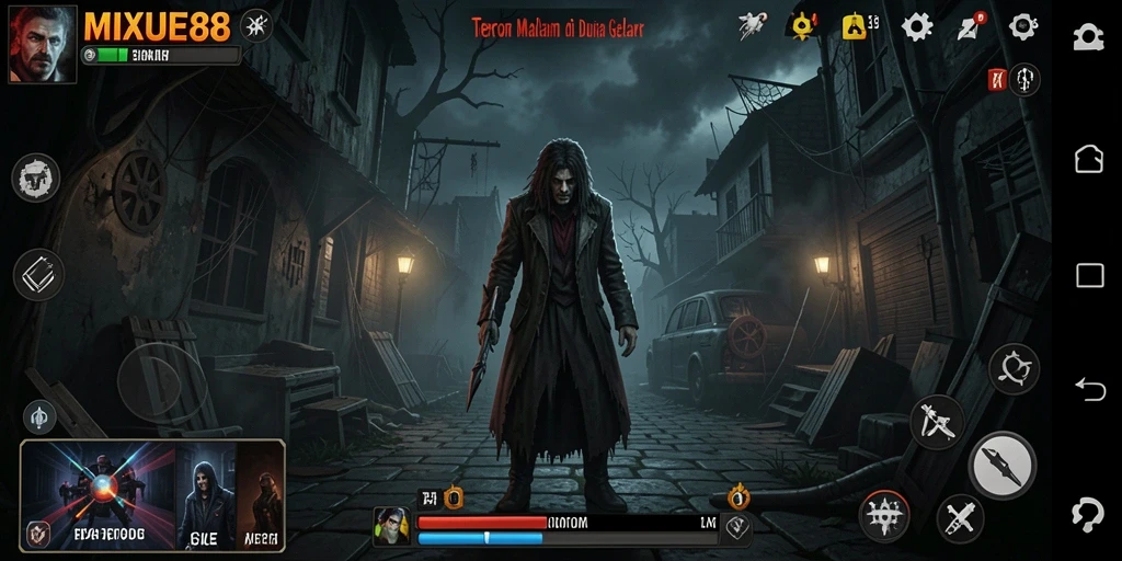 Screenshot gameplay menakutkan dari MIXUE88 dengan suasana gelap.