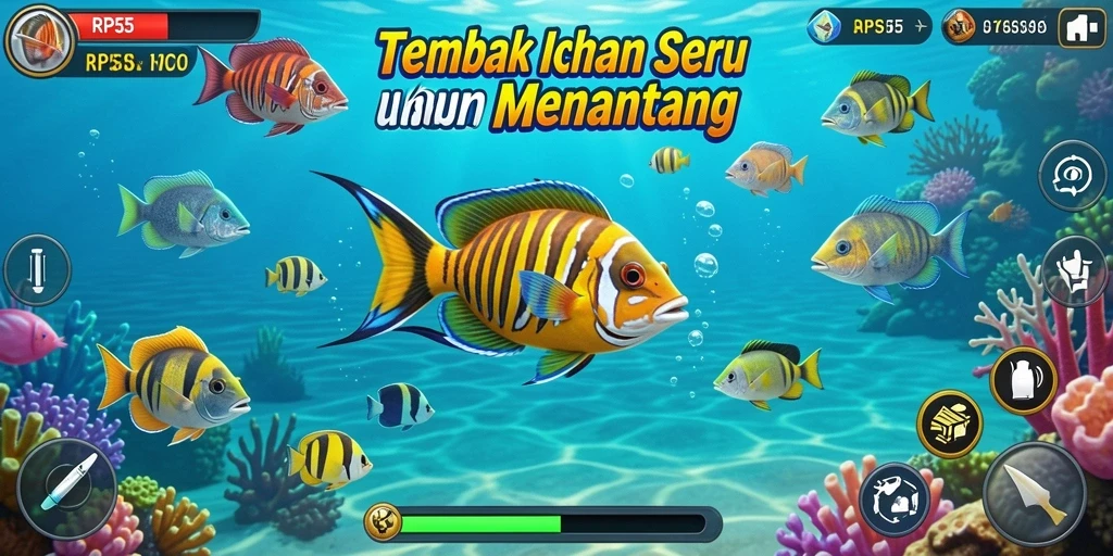 Tampilan gameplay seru dalam RP55 dengan ikan-ikan beragam.
