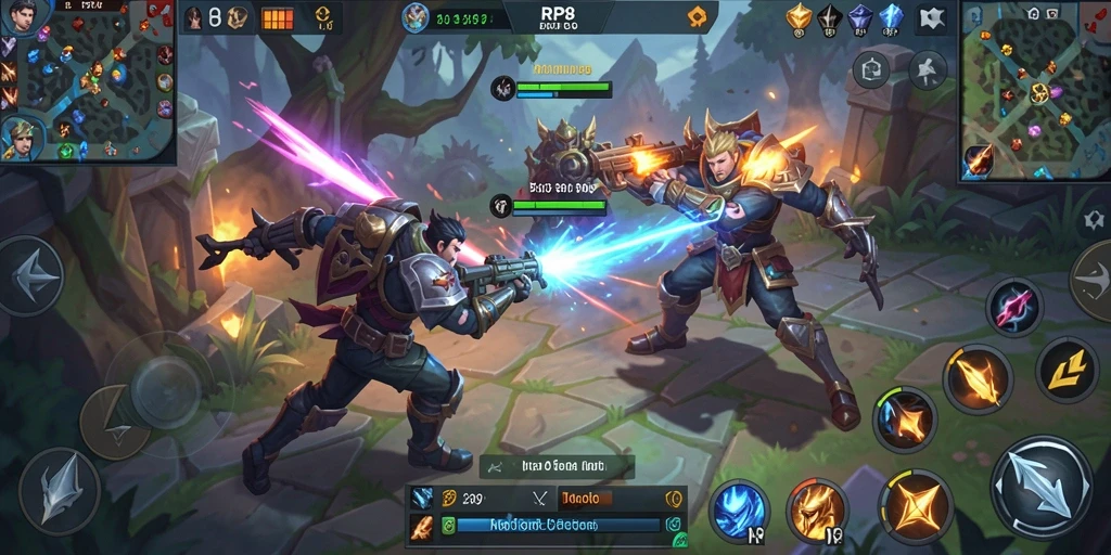 Screenshot RP8 menunjukkan pertarungan seru dalam game MOBA.