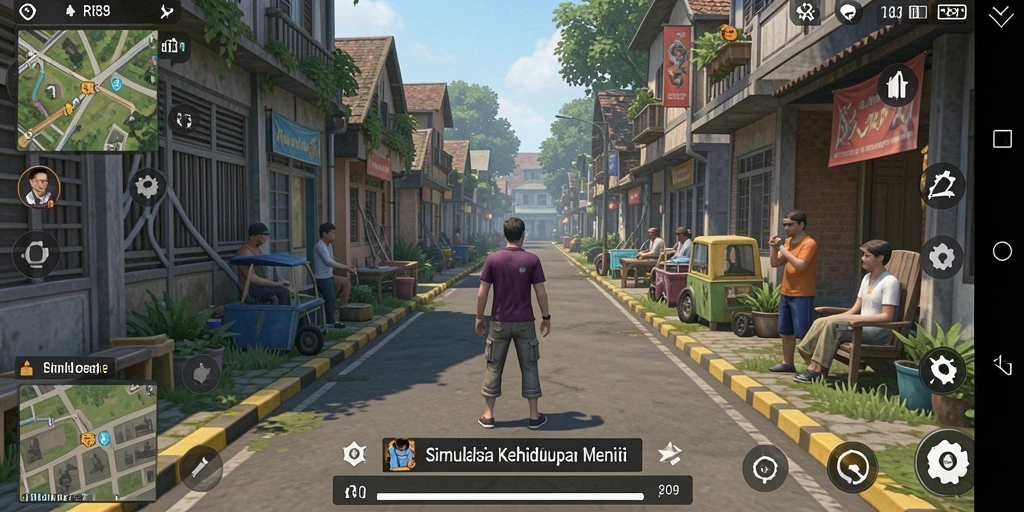 Screenshot gameplay menunjukkan dunia simulasi yang kaya dan interaktif.